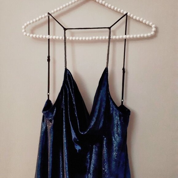 NWT Halston navy blue metallic velvet mini holiday dress - Picture 8 of 16